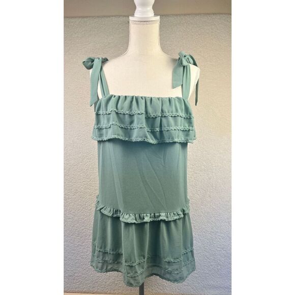 Tobi Womens Ruffle Dress Blue/Green Tie Shoulder Strap Mini Tiered‎ Size Medium - Picture 1 of 8